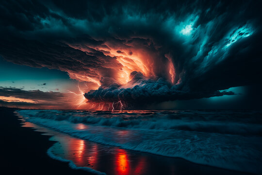 The image captures an otherworldly scene of bioluminescent storm clouds hovering over a turbulent sea at sunset