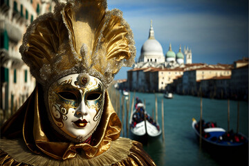 Fototapeta na wymiar People wearing Carnival Venice beautiful Mask, Italy Generative AI