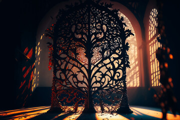 The intricate details of the iron structure shining in the light and casting unique shadows, creating a mesmerizing display
