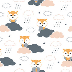 Seamless pattern with owl, cloud and rain in the sky. Creative kids  for fabric, wrapping, textile, wallpaper, apparel. Vector illustration