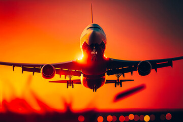 The photo shows an airplane flying into the golden light of dawn, with the focus on the warm light and the movement of the aircraft