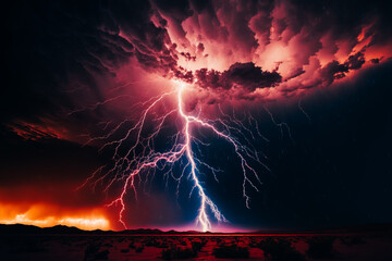 The photograph captures a lightning storm in the night sky