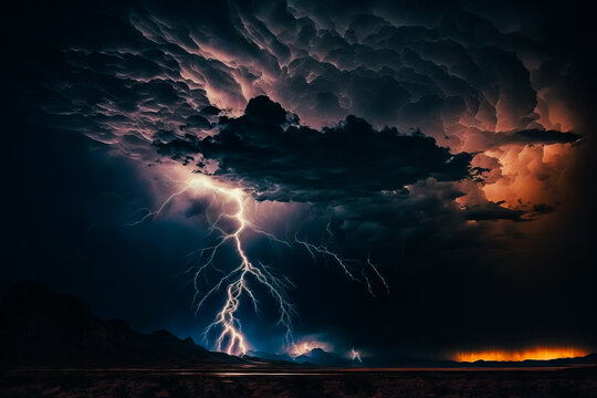 The photograph captures a lightning storm in the night sky