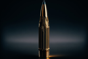 The picture showcases a single 5.56mm cartridge, highlighting the brass casing and pointed bullet tip - obrazy, fototapety, plakaty