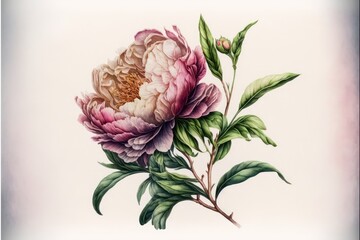 Peony watercolor on white background. Generative AI.