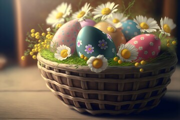 Fototapeta na wymiar Easter eggs in basket with flowers, Easter day.generative Ai