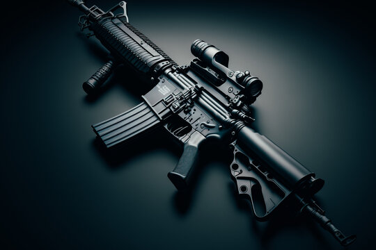 This image depicts a sleek, black M4 carbine rifle with a collapsible stock and a tactical rail system