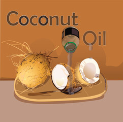 Fresh coconuts, bottle of coconut oil on wooden tray