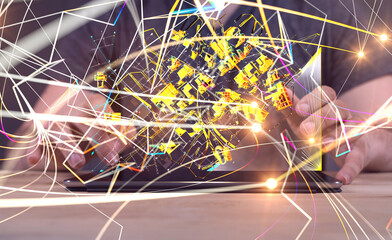 abstract lines with dots over dark background.