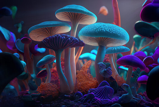 Strange creepy magic enlighted venenous mushrooms and fantastic heroic fantasy background, enhanced and reworked ai generated mattepainting