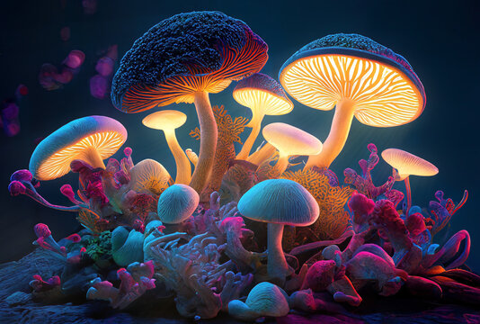 Strange creepy magic enlighted venenous mushrooms and fantastic heroic fantasy background, enhanced and reworked ai generated mattepainting