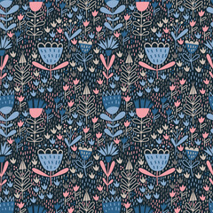 Seamless vector pattern of delicate color with abstract flowers and twigs and small fillers. Ornament with small abstract flowers in flat style
