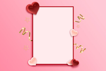 Valentine's day, mother's day, love concept social media or print media template A4, A5, A6 with red and pink hearts and gold ribbon