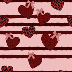 Valentine's day print. Seamless pattern with hearts and stripes. Packaging template, wrapping paper, textiles, bedding and wallpaper.