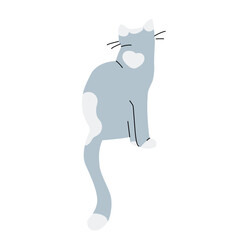 Illustration of cute dreamy light blue cat sitting and looking up, view from behind.
