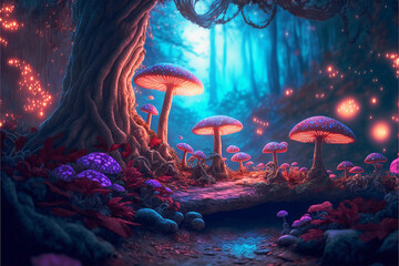 Fototapeta na wymiar mushrooms, Fairy Lands, magical forest, fungus, generative ai