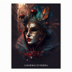Illustration post with a masquerade from Venice Carnival, Italy, generative ai