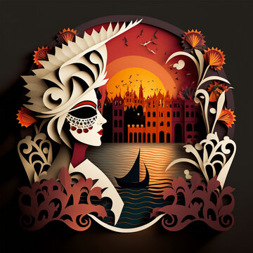 Beautiful Carnival of Venice illustration with masquerades and a lot of mysticism, tematic shape generative ai