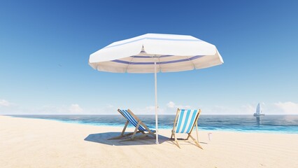8K. Blue sky over the sea and beach. Waves washing the sand. Palm trees on the caribbean tropical beach. Vacation travel background. 