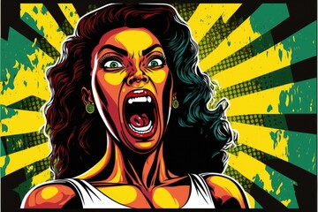 Illustration of an angry black woman protesting for equal rights fight on colorful background. Black lives matter. Generative AI