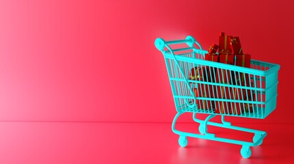 3d rendering with turquoise shopping cart on red background.