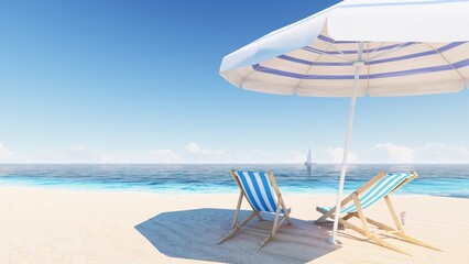 8K. Blue sky over the sea and beach. Waves washing the sand. Palm trees on the caribbean tropical beach. Vacation travel background. 