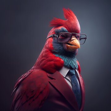 Illustration of cardinal bird photography in a suit as mascot character generative ai