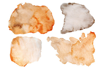 Watercolor Orange and Brown abstract Stains isolated on transparent background. Spots with texture