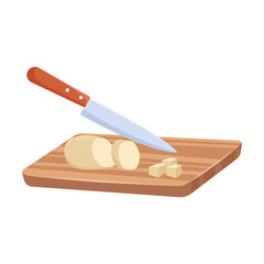 Cut fresh potatoes on board cartoon illustration. Preparing ingredients for salad, making healthy dinner. Food, vegetables concept