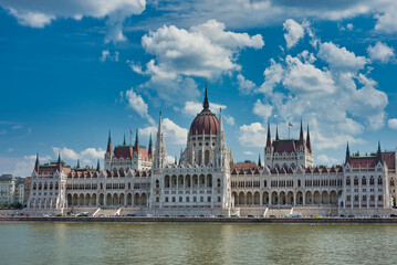 Day view of Hungarian Parliament from the Danube in Budapest