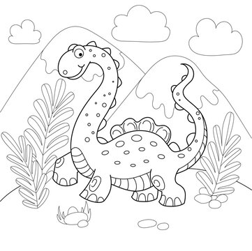Cheerful dinosaur with a long neck on the background of the landscape. Black and white line drawing. For the design of coloring books, postcards, prints, posters, puzzles, games and so on. Vector