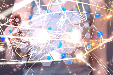 abstract lines with dots over dark background.