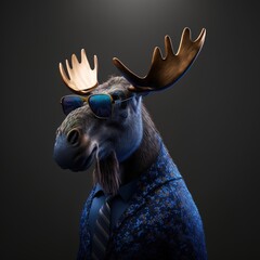 Illustration of a moose photography in a suit as mascot fun human-like character  generative ai