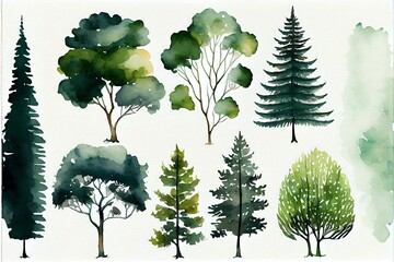 Forest trees set. Hand drawn watercolor illustration isolated on white background. Generative AI