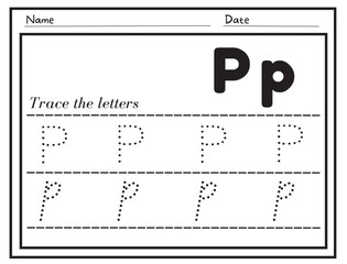 Alphabet letters tracing worksheet. Tracing practice worksheet. Learning alphabet activity page. Letter P p