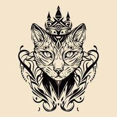 Cat with Crown Hand Drawn tribal vintage Illustration