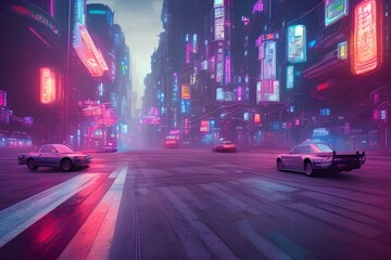 Fototapeta na wymiar Photo realistic 3d visual of futuristic city to include cyberpunk. Empty street with neon lights. Beautiful night city view. Grunge kids landscape - generative ai