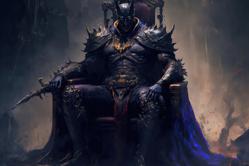 Fototapeta premium The Dark Lord sits on the throne, the black knight is the king, dark fantasy painting illustration (ai generated)