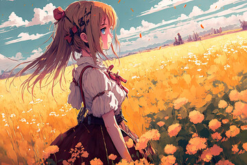 Young girl in a flower field, summer day. Anime. Generative AI