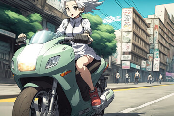 Anime girl on a motorcycle rides at speed around the city. Generative AI