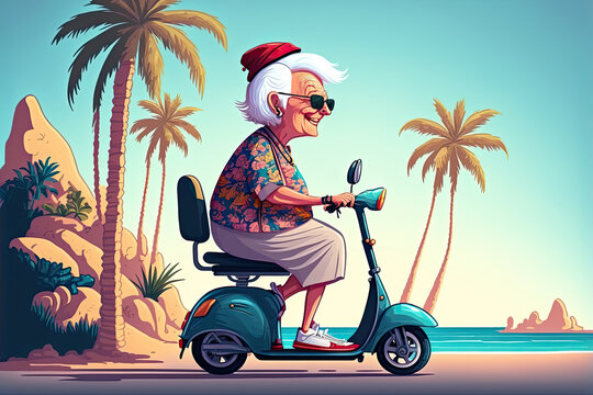 Happy old lady travels on a scooter along the road and palm trees. Generative ai