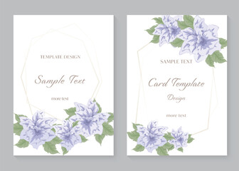 Invitation card template design vector background with purple flowers bouquet, Beautiful floral and leaf branch, decorative vertical rectangle frame.Greeting card for birthday, wedding.
