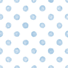Seamless watercolor Pattern with Polka Dot texture. Hand drawn background in pastel light blue color. Circles on isolated backdrop. Abstract illustration for wrapping paper or textile design.