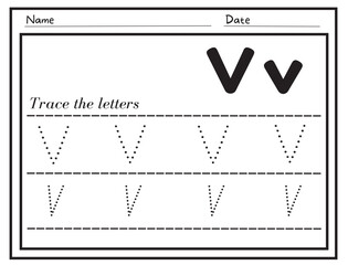 Alphabet letters tracing worksheet. Tracing practice worksheet. Learning alphabet activity page. Letter V v