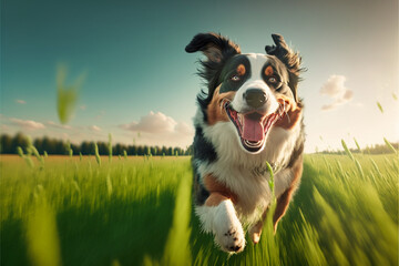 Happy border collie dog running in the field