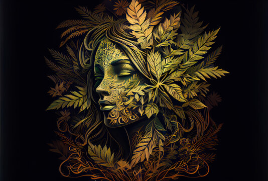 Generative AI illustration of a beautiful Woman Surrounded by Marijuana Leaves