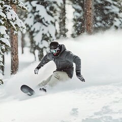 Snowboarder racing down a mountain slope.