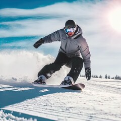 Fototapeta na wymiar Snowboarder racing down a mountain slope.