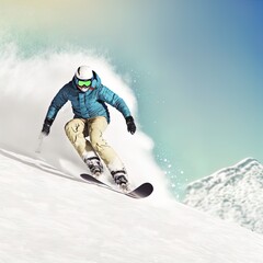 Snowboarder racing down a mountain slope.
