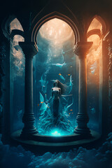 mermaid in a glass tower underwater